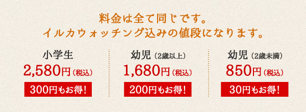 料金は全て同じです。イルカウォッチング込みの値段になります。