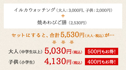 イルカウォッチング（大人：3,000円、子供：2,000円）＋焼あわびご膳（2,420円）