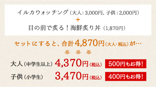 イルカウォッチング（大人：3,000円、子供：2,000円）＋ 目の前で炙る！海鮮炙り丼（1,760円）